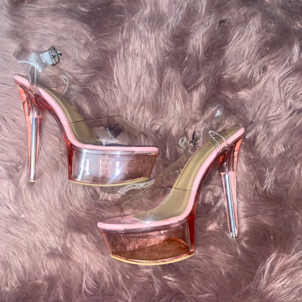 pink PLT pleaser type heels. the heel is like 5/6 in.